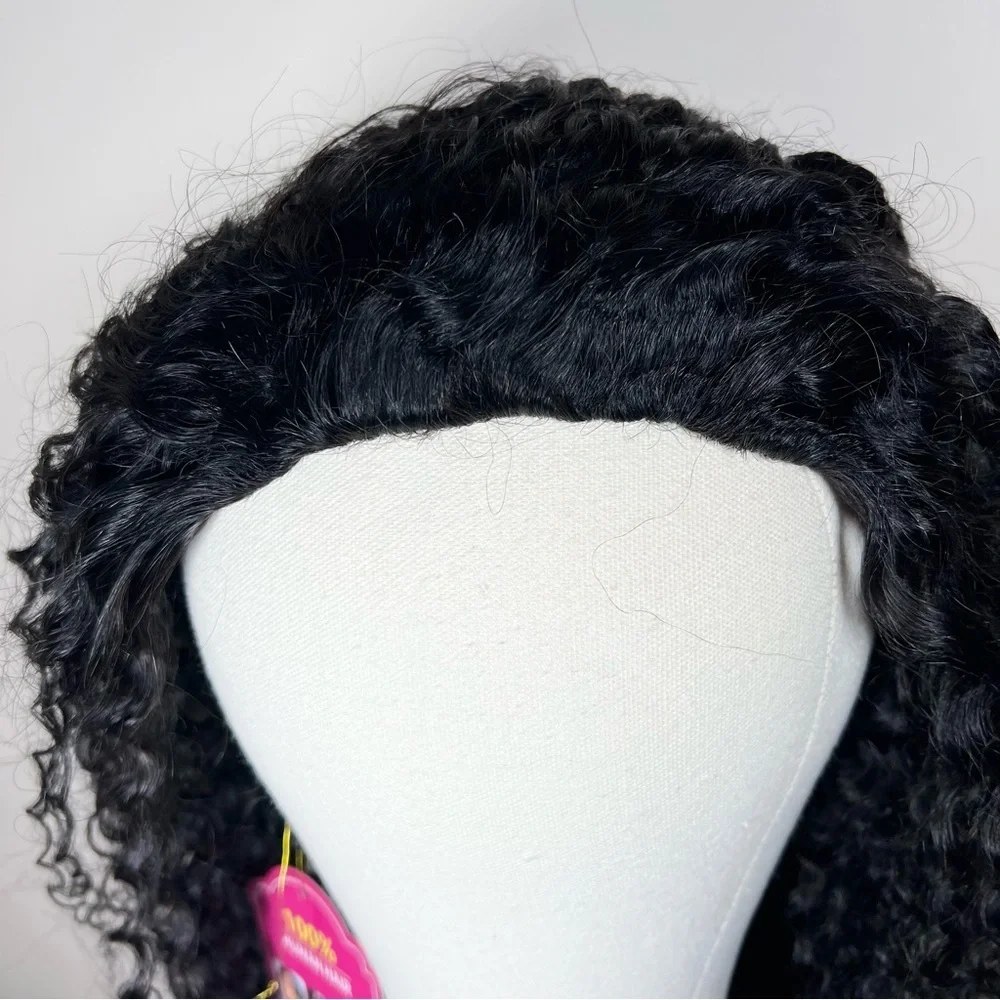 Natural Black Kinky Curly Human Hair 26 Inch Glueless Half Wig